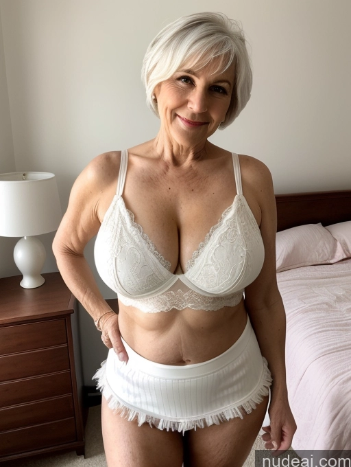 ai nude image of blond woman in white underwear posing in front of a bed pics of Milf Busty Small Ass Skinny Pubic Hair 70s White Hair Pixie Bedroom Crop Top Micro Skirt Cleavage