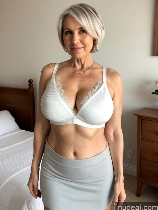 ai nude image of blond woman in a white bra top and grey skirt posing for a picture pics of Milf Busty Small Ass Skinny Pubic Hair 70s White Hair Pixie Bedroom Crop Top Micro Skirt Cleavage