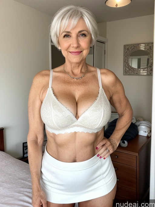 ai nude image of arafed woman in white underwear posing for a picture in a bedroom pics of Milf Busty Small Ass Skinny Pubic Hair 70s White Hair Pixie Bedroom Crop Top Micro Skirt Cleavage