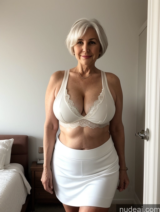 ai nude image of there is a woman in a white skirt and bra top posing for a picture pics of Milf Busty Small Ass Skinny Pubic Hair 70s White Hair Pixie Bedroom Crop Top Micro Skirt Cleavage