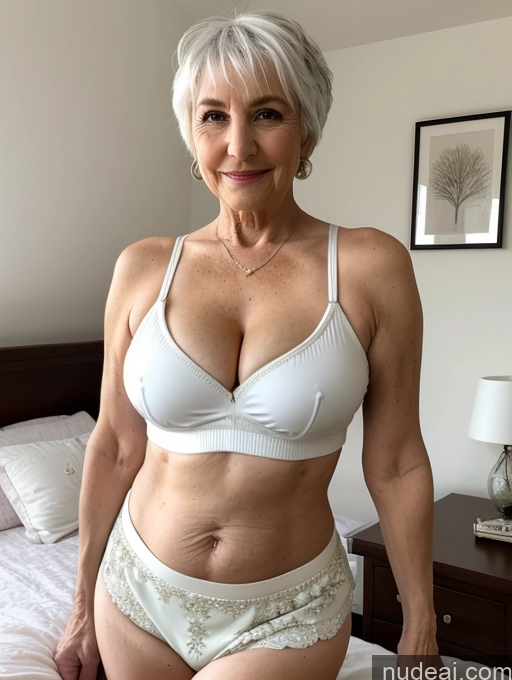 ai nude image of there is a woman in a white bra top and panties on a bed pics of Milf Busty Small Ass Skinny Pubic Hair 70s White Hair Pixie Bedroom Crop Top Micro Skirt Cleavage