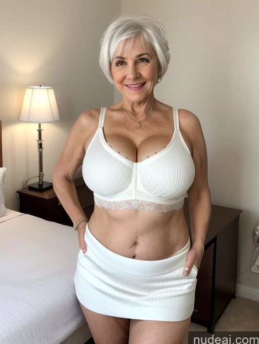 ai nude image of there is a woman in a white skirt posing for a picture pics of Milf Busty Small Ass Skinny Pubic Hair 70s White Hair Pixie Bedroom Crop Top Micro Skirt Cleavage