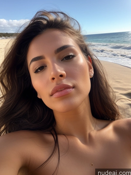 ai nude image of arafed woman with long hair on the beach taking a selfie pics of Beautiful Skinny Perfect Body Pubic Hair 20s Pouting Lips Latina Long Legs Thick Sexy Face Brunette Skin Detail (beta) Bright Lighting Detailed Close-up View Shocked Long Hair Beach Laughing Nude One On Back Sorority