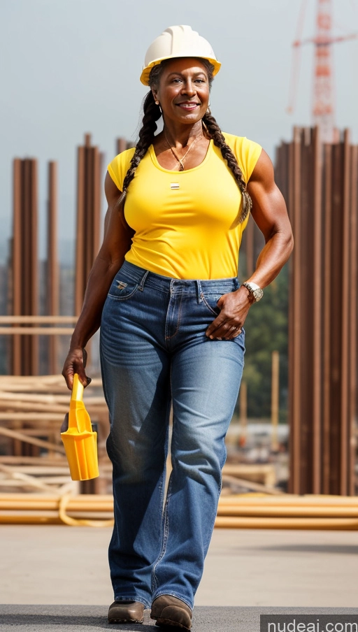 ai nude image of arafed woman in a yellow shirt and jeans walking on a construction site pics of Muscular Thick Dark Skin Braided Construction Worker 70s Jeans