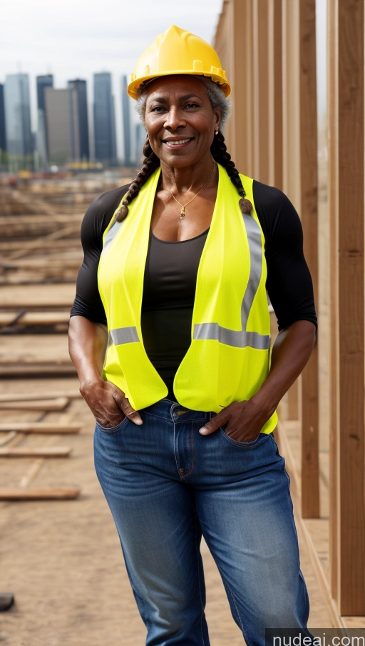 ai nude image of smiling woman in yellow safety vest and hard hat standing on construction site pics of Muscular Thick Dark Skin Braided Construction Worker 70s Jeans