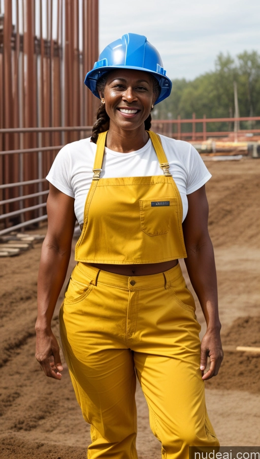 ai nude image of smiling woman in yellow overalls and a blue hard hat pics of Muscular Thick Dark Skin Braided Construction Worker 70s Jeans Shocked Happy