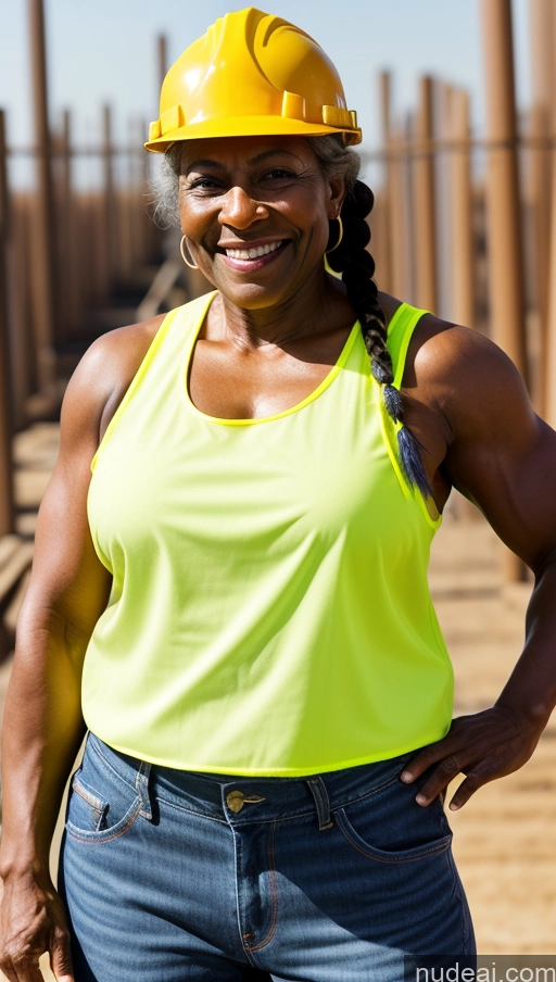 ai nude image of smiling woman in yellow hard hat and jeans standing in front of a construction site pics of Muscular Thick Dark Skin Braided Construction Worker 70s Jeans Happy