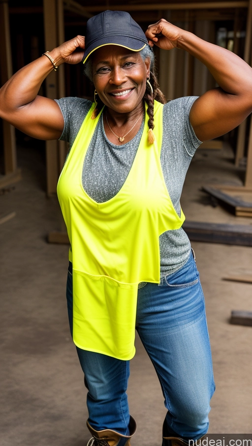 ai nude image of smiling woman in yellow vest and hat standing in a construction site pics of Muscular Dark Skin Braided Construction Worker 70s Jeans Happy Boots