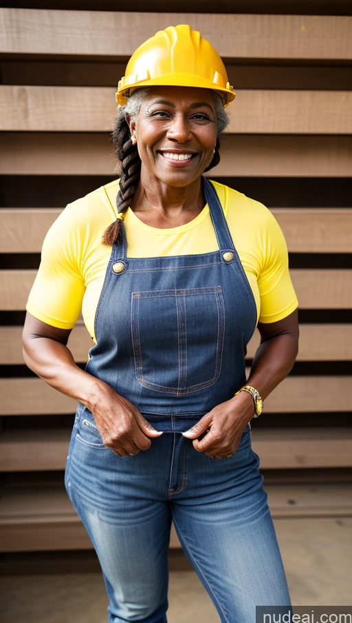 ai nude image of smiling woman in a hard hat and overalls standing in front of a wooden wall pics of Muscular Dark Skin Braided Construction Worker 70s Jeans Happy Boots