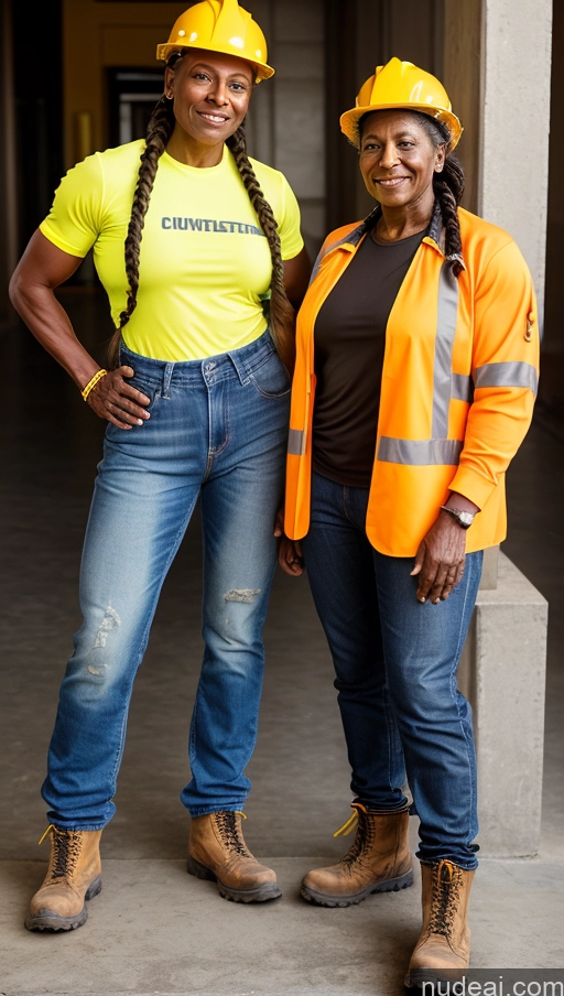 ai nude image of two women in construction gear standing next to each other pics of Muscular Dark Skin Braided Construction Worker 70s Jeans Boots Athlete Two