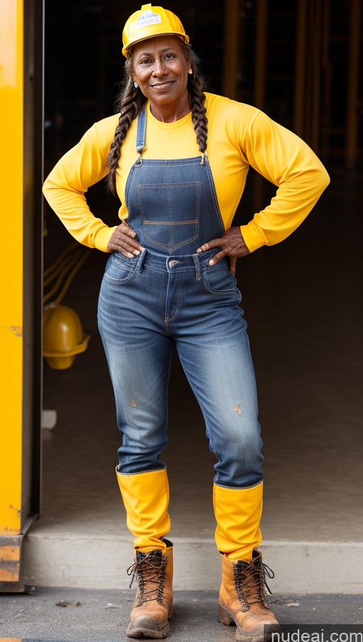 ai nude image of arafed woman in overalls and a yellow hat standing in front of a yellow truck pics of Muscular Dark Skin Braided Construction Worker 70s Jeans Boots Athlete Two