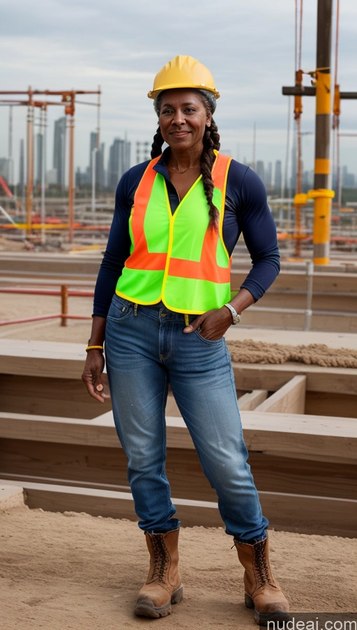 ai nude image of arafed woman in a construction vest and safety vest standing in a construction site pics of Muscular Dark Skin Braided Construction Worker 70s Jeans Boots Athlete