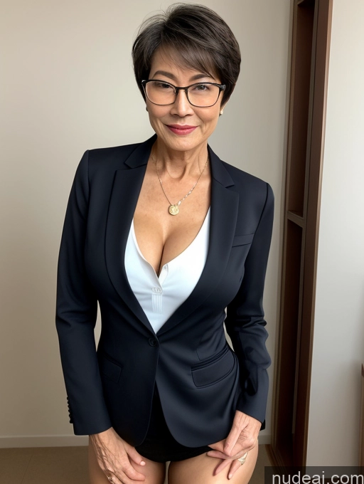 ai nude image of there is a woman in a suit and glasses posing for a picture pics of Perfect Boobs Perfect Body Pubic Hair Beautiful Glasses Sexy Face Short Hair Chinese Dark Lighting Detailed Milf Two 70s Doctor Blouse Lab Coat Suit Stylish Cleavage