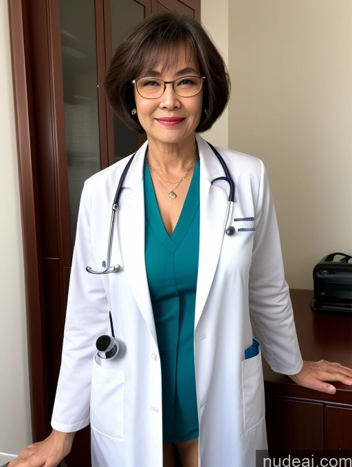 ai nude image of arafed woman in a white lab coat and glasses standing in a room pics of Perfect Boobs Perfect Body Pubic Hair Beautiful Glasses Sexy Face Short Hair Chinese Dark Lighting Detailed Milf Two 70s Doctor Blouse Lab Coat Suit Stylish Cleavage