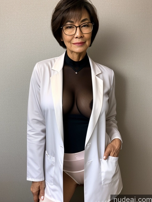 ai nude image of arafed woman in a white lab coat and panties posing for a picture pics of Perfect Boobs Perfect Body Pubic Hair Beautiful Glasses Sexy Face Short Hair Chinese Dark Lighting Detailed Milf Two 70s Doctor Blouse Lab Coat Suit Stylish Cleavage Partially Nude