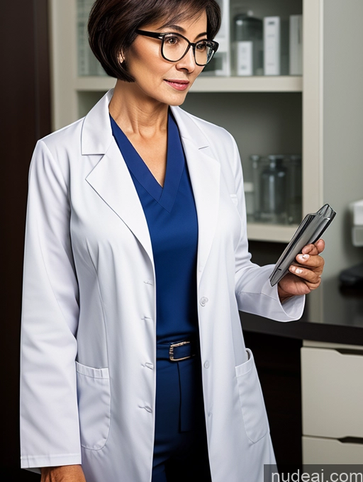 ai nude image of woman in lab coat holding cell phone in front of a shelf pics of Perfect Boobs Perfect Body Pubic Hair Beautiful Glasses Sexy Face Short Hair Dark Lighting Detailed Milf Two Doctor Blouse Lab Coat Suit Stylish Cleavage Vietnamese 60s