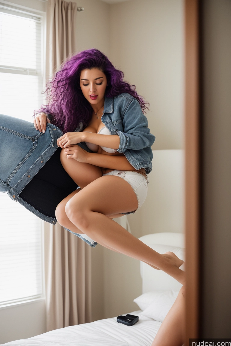 ai nude image of arafed woman in a denim jacket jumping on a bed pics of Woman Small Tits Lipstick Big Ass Big Hips Long Legs 18 Orgasm Purple Hair Messy White Bedroom Daisy Dukes Jacket Push-up Bra