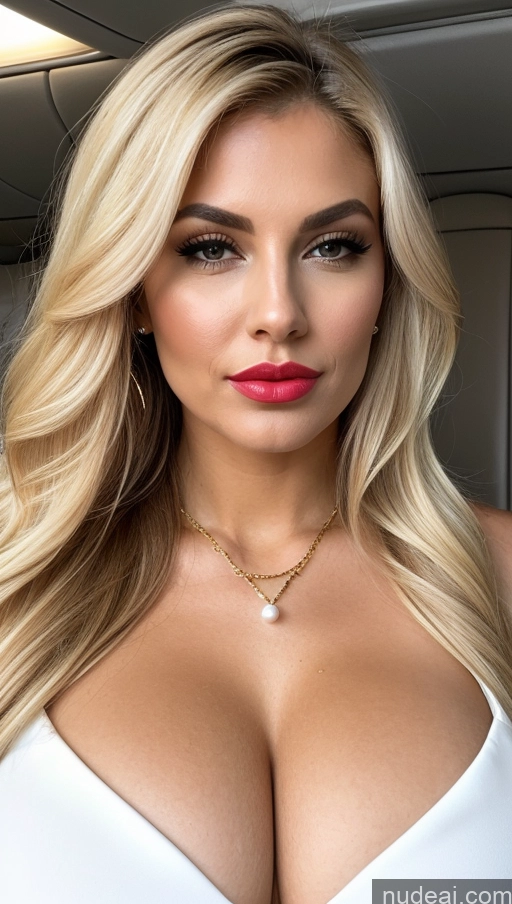 ai nude image of a close up of a woman with a very big breast pics of Huge Boobs Lipstick Perfect Body Pubic Hair Pouting Lips Blonde Long Hair White Flight Attendant Cleavage Gold Jewelry Pearl Jewelry