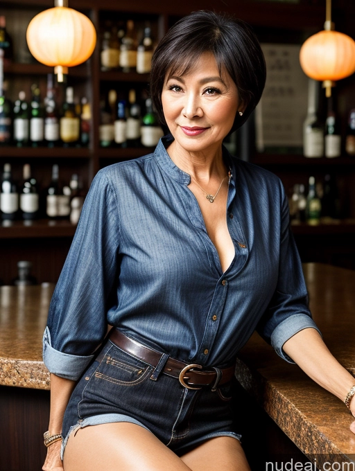 ai nude image of arafed woman sitting at a bar with a glass of wine pics of Milf Beautiful Short Hair 70s Bar High Heels Jeans Shirt Stylish Dark Lighting Sexy Face Blouse Tunic Chinese Cleavage Detailed