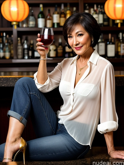 ai nude image of woman sitting on a bar holding a glass of wine pics of Milf Beautiful Short Hair 70s Bar High Heels Jeans Shirt Stylish Dark Lighting Sexy Face Blouse Tunic Chinese Cleavage Detailed