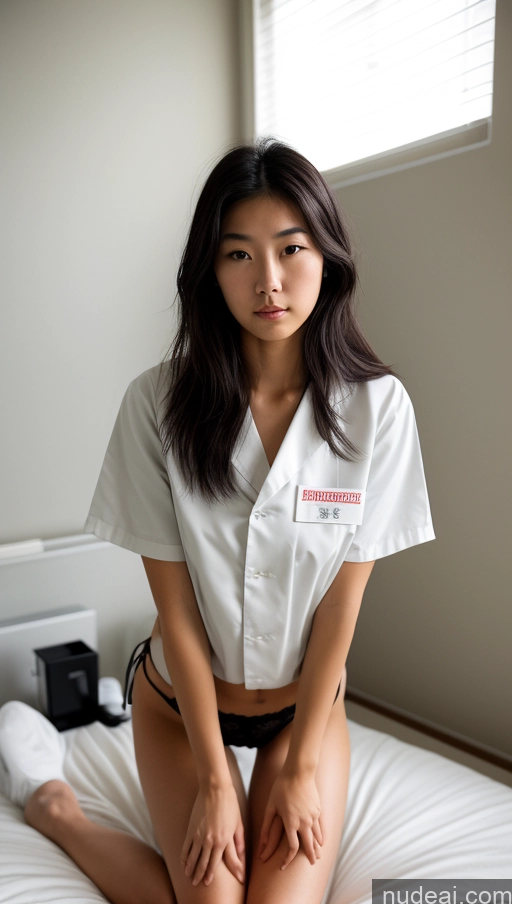 ai nude image of arafed asian woman in a white shirt and black panties sitting on a bed pics of Lingerie Model Two Small Tits Big Ass Small Ass Skinny Abs Thick Long Legs Short Tall Perfect Body Pubic Hair 18 Serious Black Hair Japanese On Back Nurse Messy Front View