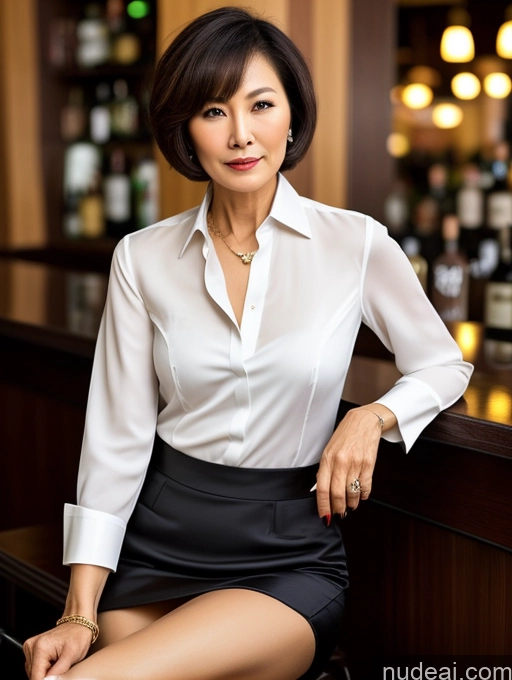 ai nude image of arafed woman sitting on a bar with a glass of wine pics of Milf Beautiful Short Hair 70s Bar High Heels Shirt Stylish Dark Lighting Sexy Face Blouse Tunic Chinese Cleavage Detailed Bra Suit