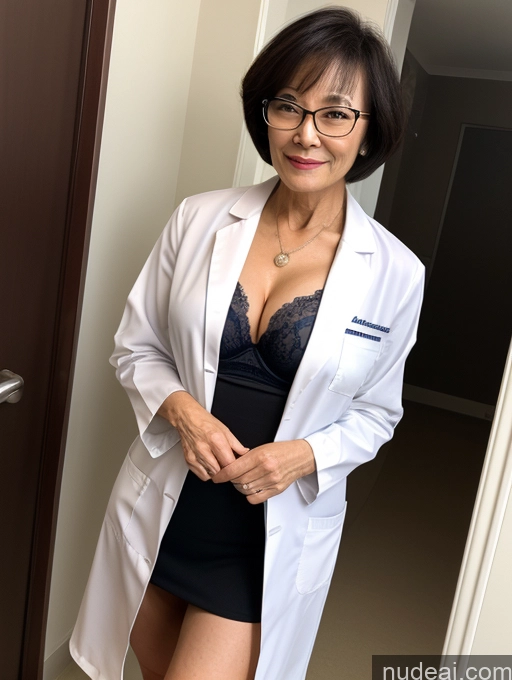 ai nude image of arafed woman in a lab coat and glasses posing for a picture pics of Milf Two Perfect Boobs Beautiful Glasses Perfect Body Short Hair 70s Chinese Bra Casual Doctor Lab Coat Cleavage Dark Lighting Detailed Sexy Face