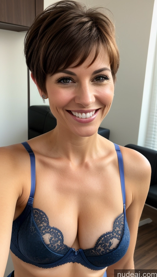 ai nude image of smiling woman in blue bra with short hair and a smile pics of Woman Skinny 40s Happy Brunette Pixie Detailed Bra