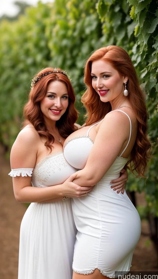 ai nude image of two women in white dresses posing for a picture in a vineyard pics of Huge Boobs Perfect Boobs Perfect Body Fairer Skin Busty Beautiful Big Ass Big Hips Irish Long Hair Happy Thick Dress Wine Lipstick Pearl Jewelry White Hair Dirndl Chubby Two