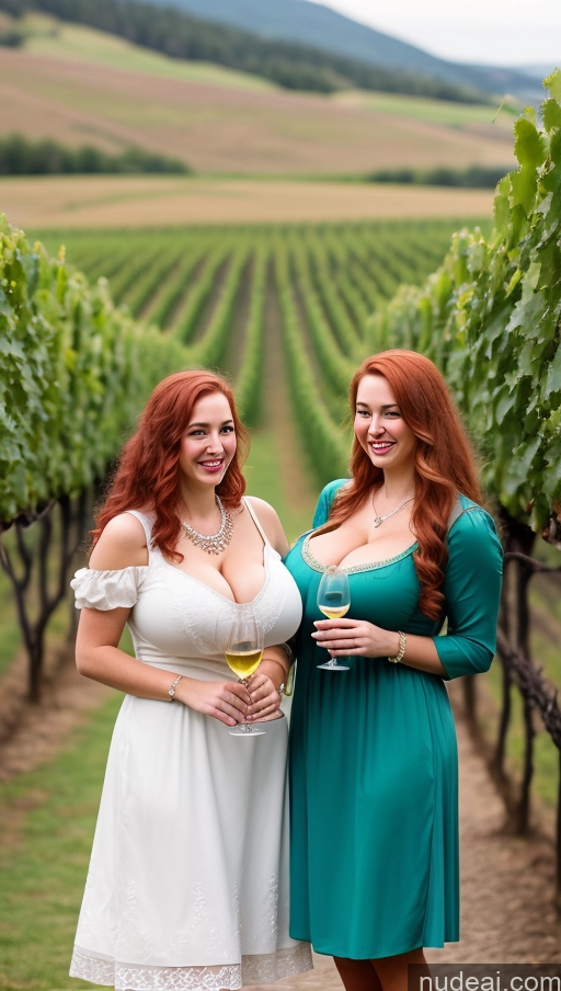 ai nude image of two women in dresses standing in a vineyard with a glass of wine pics of Huge Boobs Perfect Boobs Perfect Body Fairer Skin Busty Beautiful Big Ass Big Hips Irish Long Hair Happy Thick Dress Wine Lipstick Pearl Jewelry White Hair Dirndl Chubby Two