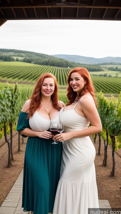 ai nude image of two women standing next to each other in a vineyard pics of Huge Boobs Perfect Boobs Perfect Body Fairer Skin Busty Beautiful Big Ass Big Hips Irish Long Hair Happy Thick Dress Wine Lipstick Pearl Jewelry White Hair Dirndl Chubby Two