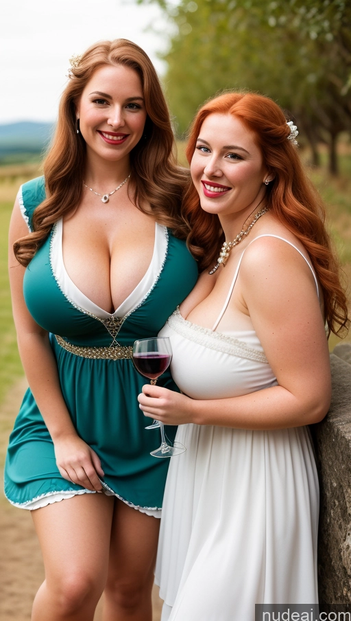 ai nude image of two women in dresses posing for a picture with a glass of wine pics of Huge Boobs Perfect Boobs Perfect Body Fairer Skin Busty Beautiful Big Ass Big Hips Irish Long Hair Happy Thick Dress Wine Lipstick Pearl Jewelry White Hair Dirndl Chubby Two