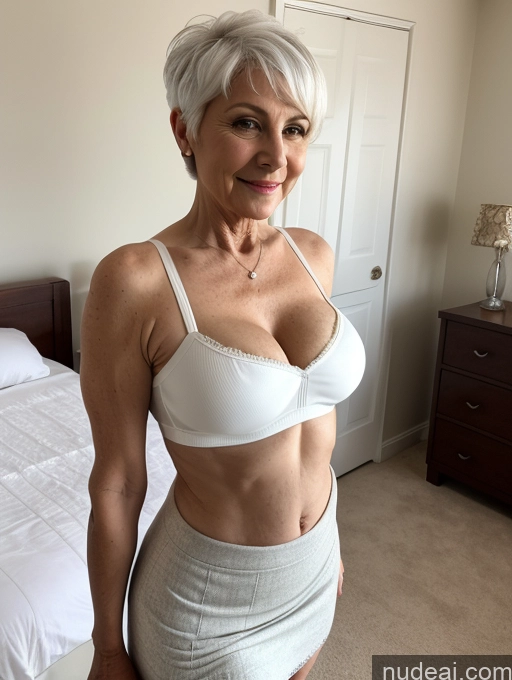 ai nude image of there is a woman in a white bra top and grey skirt pics of Milf Busty Small Ass Skinny Pubic Hair 70s White Hair Pixie Bedroom Crop Top Micro Skirt Cleavage