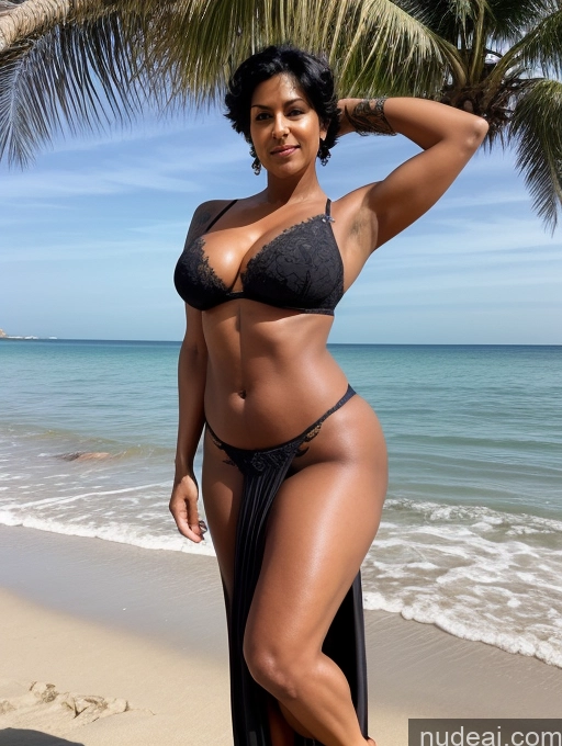 ai nude image of araffe woman in a black bikini and black skirt on a beach pics of Milf Busty Beautiful Tattoos Big Ass Big Hips Tall Dark Skin Sexy Face Indian Front View Detailed Pixie Muscular Abs Seductive 50s T-pose Long Skirt Bra Beach Black Hair Perfect Boobs Thick Fat