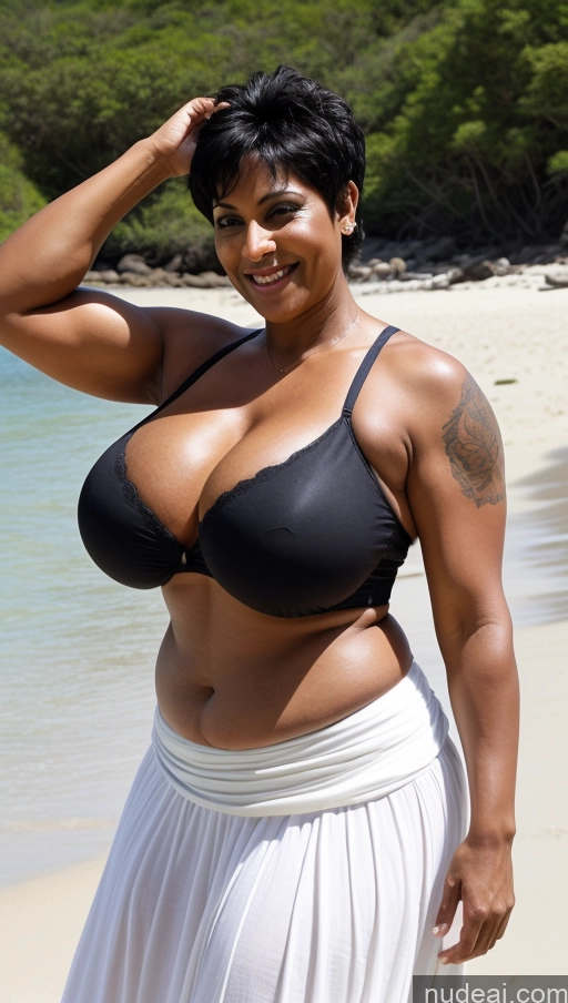 ai nude image of there is a woman in a black bikini and white skirt on the beach pics of Milf Busty Beautiful Tattoos Big Ass Big Hips Tall Dark Skin Sexy Face Indian Front View Detailed Pixie Muscular Abs 50s T-pose Long Skirt Bra Beach Black Hair Thick Huge Boobs Laughing Fat