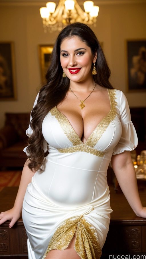 ai nude image of araffe woman in a white dress posing for a picture pics of Milf Busty Beautiful Lipstick Thick Chubby Fat Big Hips Fairer Skin 20s Happy Seductive Brunette Long Hair Russian Party Front View Straddling Blouse Dirndl Sari Victorian Cleavage Gold Jewelry