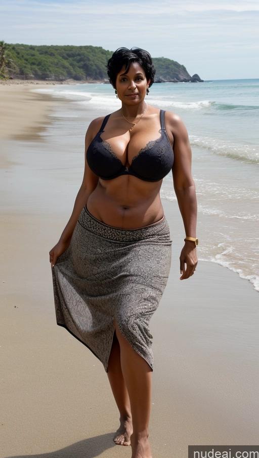 ai nude image of there is a woman walking on the beach with a towel pics of Milf 50s Sexy Face Seductive Indian Busty Tattoos Beautiful Big Ass Big Hips Tall Dark Skin Front View T-pose Detailed Bra Pixie Beach Abs Muscular Black Hair Long Skirt Huge Boobs Thick