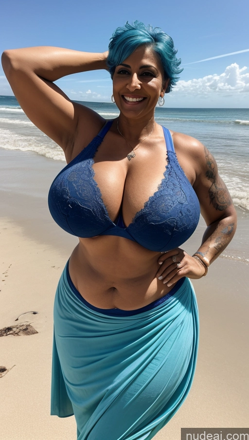 ai nude image of araffe woman with blue hair and blue skirt on the beach pics of Milf 50s Sexy Face Indian Busty Tattoos Beautiful Big Ass Big Hips Tall Dark Skin Front View T-pose Detailed Bra Pixie Beach Abs Muscular Long Skirt Huge Boobs Thick Laughing Blue Hair