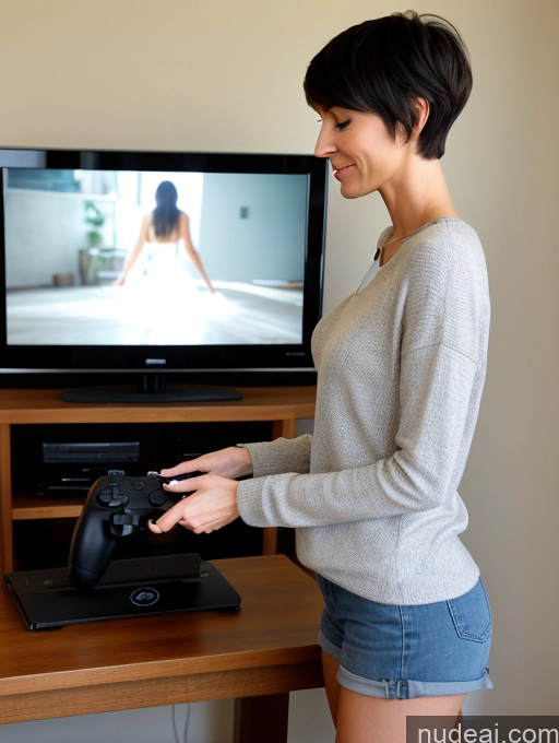 ai nude image of woman playing a video game on a tv with a remote control pics of Woman Tall Long Legs Skinny Small Ass Small Tits 20s Black Hair Pixie White Front View Casual Gaming