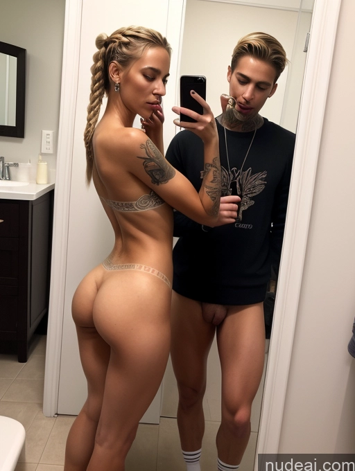 ai nude image of araffed woman taking a selfie in a mirror with a man pics of Woman + Man Several Perfect Boobs Oiled Body Tattoos Beautiful Small Ass Skinny Abs Long Legs Perfect Body Pubic Hair 18 Shocked Blonde Braided German Mirror Selfie Bathroom Front View Blowjob Nude High Socks