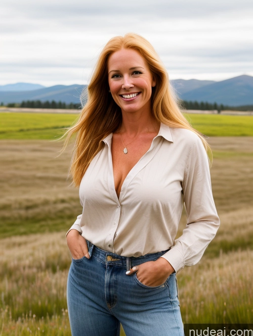 ai nude image of smiling woman in a field of grass with mountains in the background pics of Model One Perfect Boobs 40s Happy Blonde Long Hair Irish Meadow Front View Western Jeans