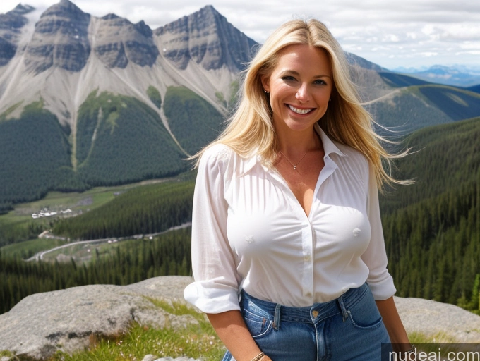 ai nude image of blond woman in white shirt and jeans standing on a mountain top pics of One Perfect Boobs 40s Happy Blonde Long Hair Front View Jeans Blouse Boots Model Swedish Mountains