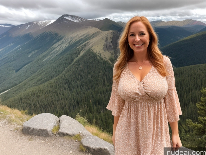 ai nude image of smiling woman in a pink dress standing on a mountain top pics of One Perfect Boobs 40s Happy Blonde Long Hair Front View Blouse Boots Model Mountains Irish Sundress