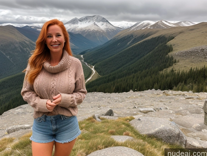 ai nude image of arafed woman standing on a rocky mountain top with a view of a valley pics of One Perfect Boobs 40s Happy Blonde Long Hair Front View Boots Model Mountains Irish Sweater