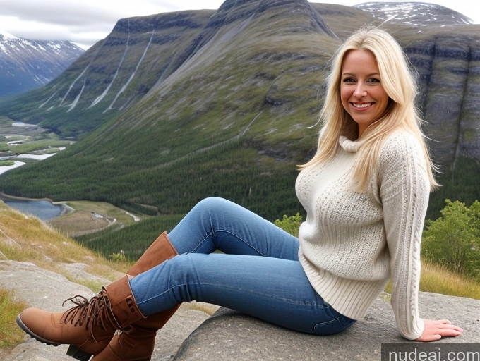 ai nude image of blonde woman sitting on a rock in front of a mountain pics of One Perfect Boobs 40s Happy Blonde Long Hair Front View Boots Model Mountains Sweater Jeans Scandinavian