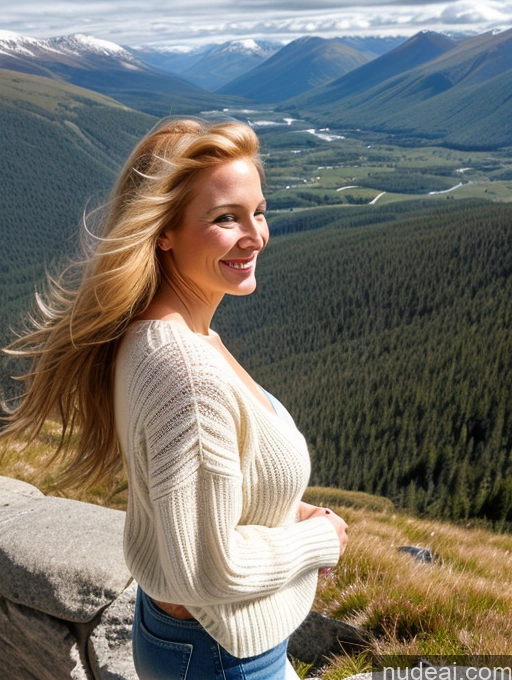 ai nude image of arafed woman standing on a rock overlooking a valley and mountains pics of Model One Perfect Boobs 40s Happy Blonde Long Hair Irish Mountains Boots Sweater Jeans Side View