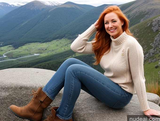 ai nude image of arafed woman sitting on a rock with a mountain view in the background pics of Model One Perfect Boobs 40s Happy Blonde Long Hair Irish Mountains Boots Sweater Jeans Side View