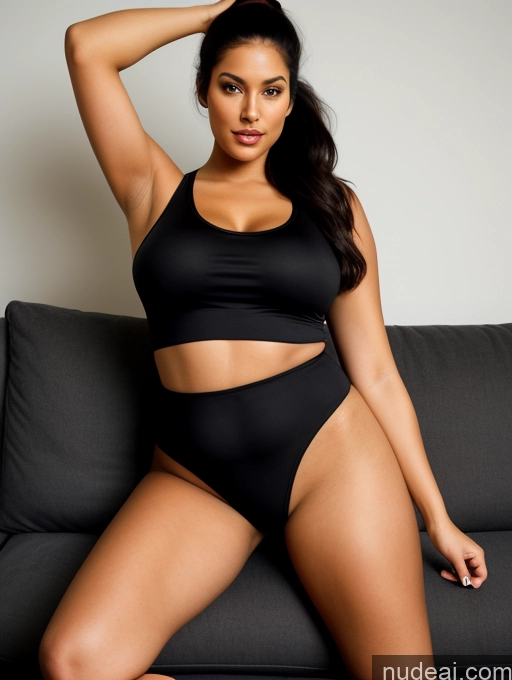 ai nude image of araffe woman in a black bikini sitting on a couch pics of Woman One Perfect Boobs Beautiful Big Ass Long Legs Perfect Body 30s Seductive Sexy Face Black Hair Ponytail Indian Front View Dark Lighting Chubby Couch Tank Top Casual Spreading Legs