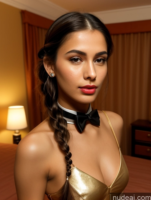 ai nude image of arafed woman in a gold dress with a black bow tie pics of Woman One Skinny Long Legs Thick Perfect Body 18 Pouting Lips Black Hair Bedroom Bow Tie Indian Leather Gold Jewelry Gloves Kilt Braided 3d T-pose