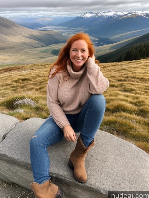 ai nude image of smiling woman sitting on a rock in a field with mountains in the background pics of Model One Perfect Boobs 40s Happy Blonde Long Hair Irish Mountains Front View Boots Jeans Sweater